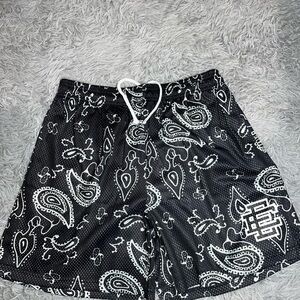 Eric Emanuel Black Bandana Print Athletic Shorts with White Drawstring